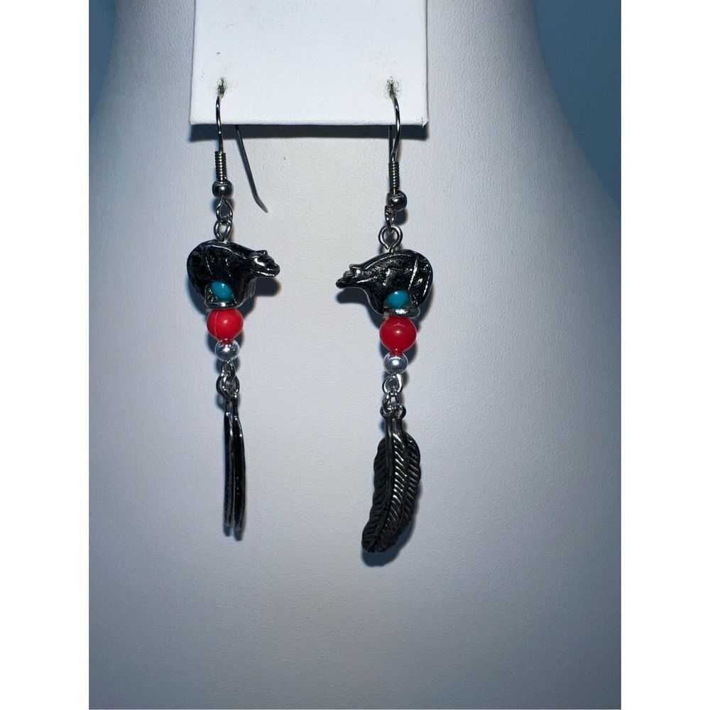 Silver Tone South Western Bear and Feather Dangle Earrings